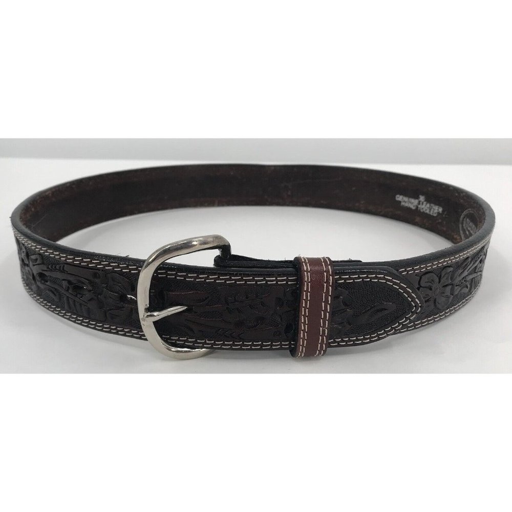 Montana Silversmiths Hand Tooled Leather Belt Brown Size 30 Mens Silver Tone